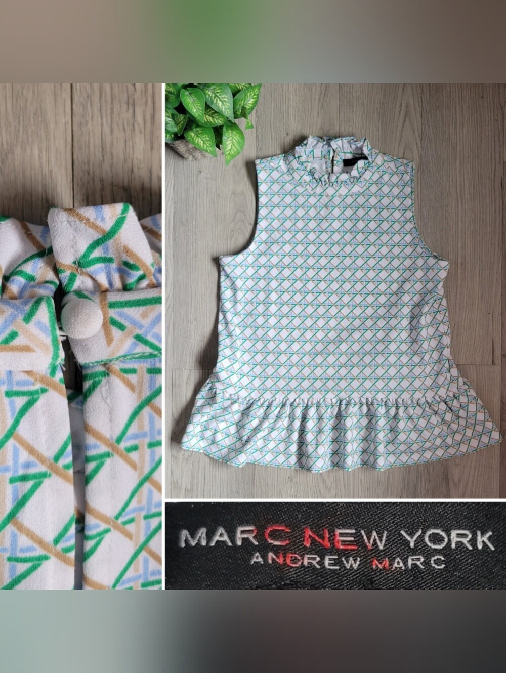 Marc New York Geometric Trellis Ruffle Mock Neck Peplum Sleeveless Blouse, Small